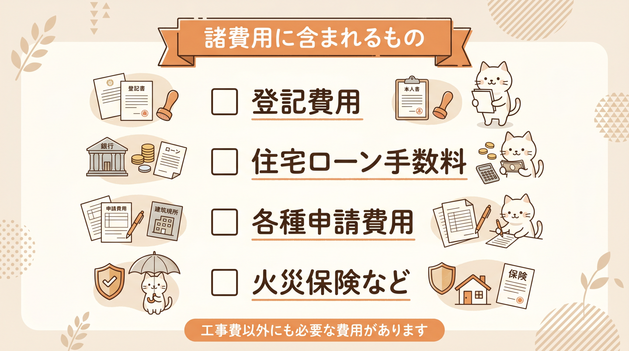 諸費用に含まれる登記費用や住宅ローン手数料などを示した図解