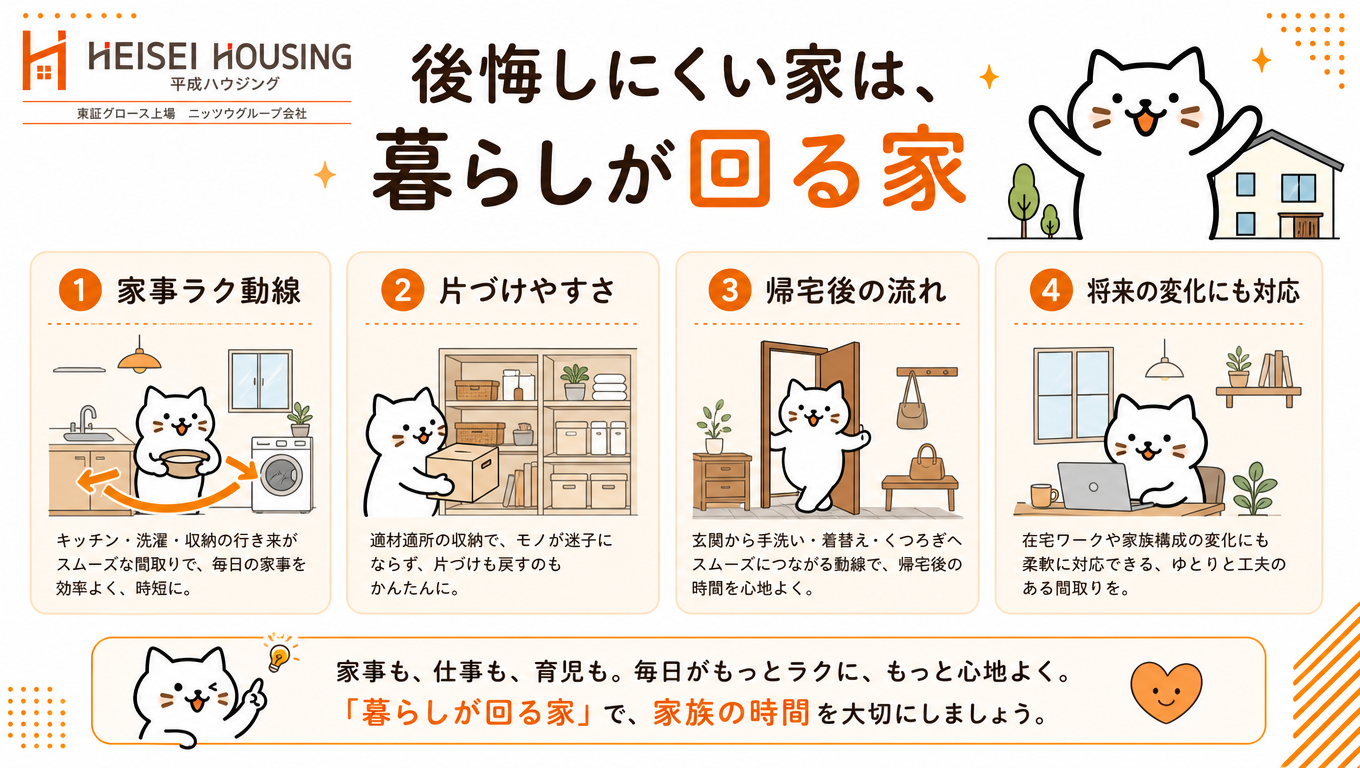 後悔しにくい家は暮らしが回る家であることをまとめた図解