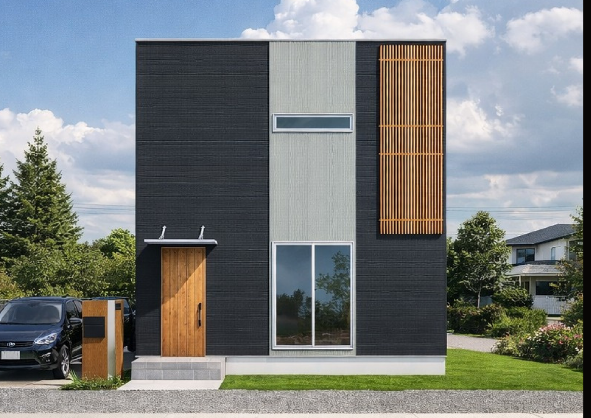 WOOD ACCENT 黒の外壁に縦木ルーバーを効かせた2階建て